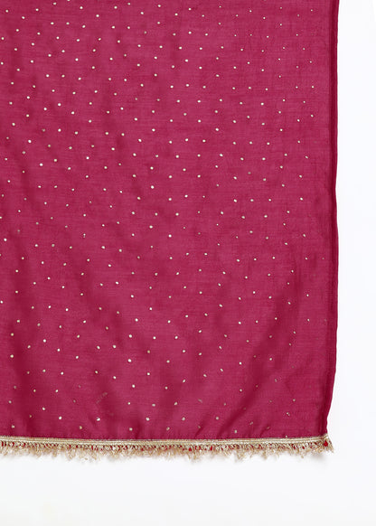 Burgundy Vichitra Foil Print & Embroidered Kurta Set with Lace Detailed Dupatta
