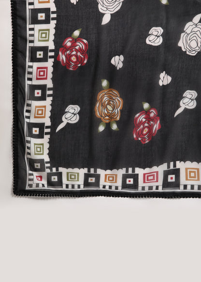 Women Black Rayon Embroidered Kurta Set with Printed Cotton Dupatta