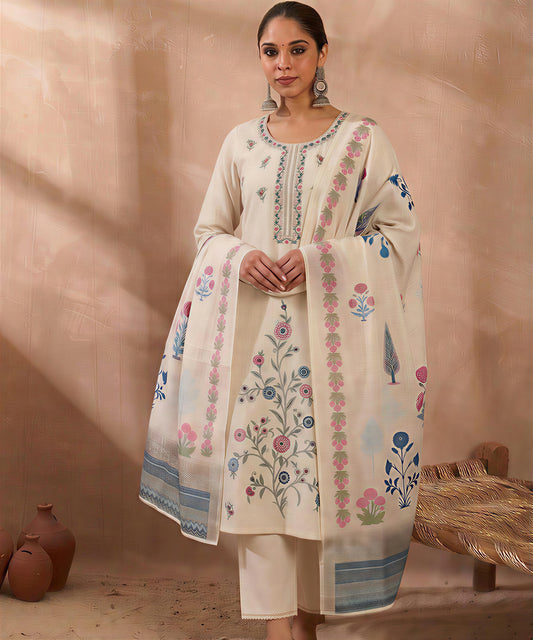 Off-White Embroidered Kurta Set with Trousers and Printed Dupatta for Women