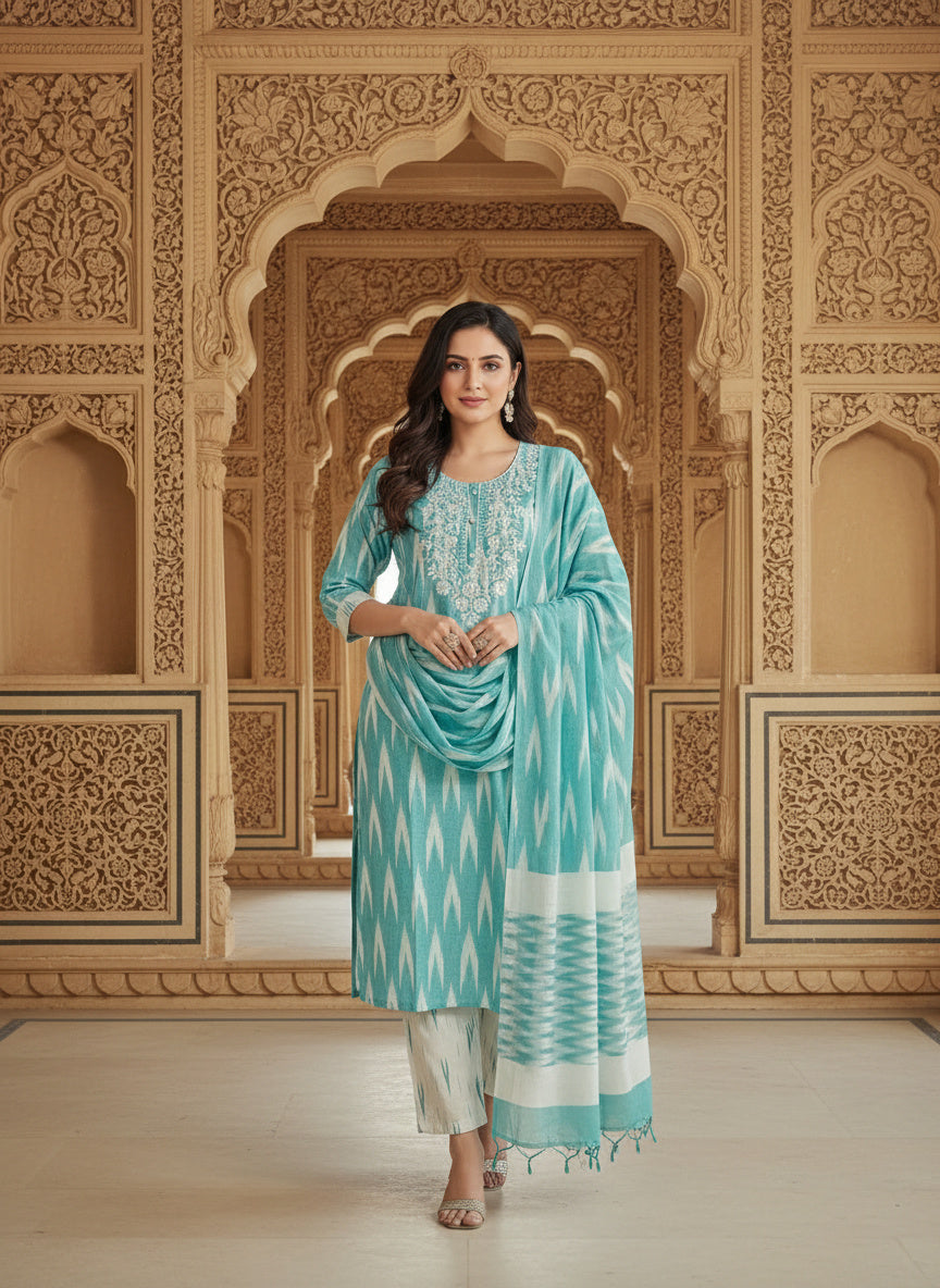 Embroidered Round Neck Straight Kurta & Trousers With Dupatta