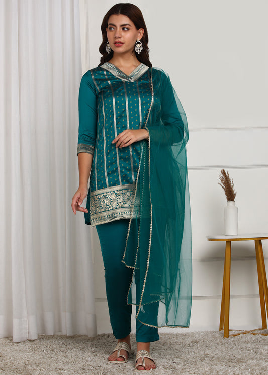 Teal Blue Embroidered Kurta Set with Dupatta