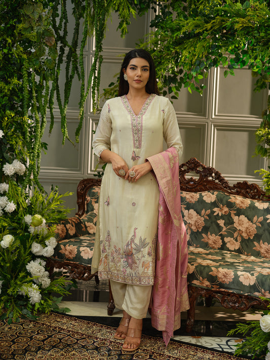 Elegant off White Embroidered Kurta Set with Pink Dupatta