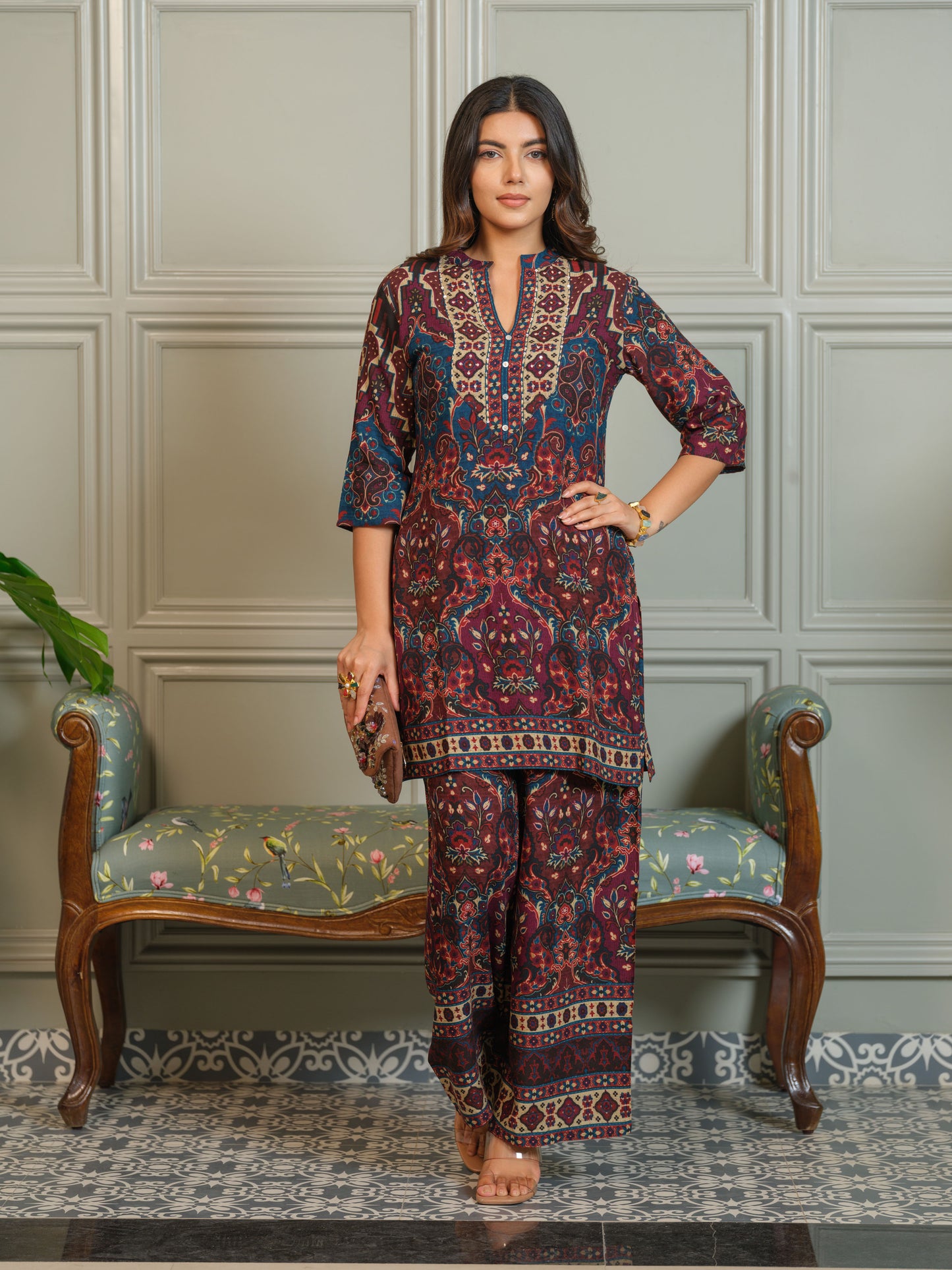 Ajrak Printed Mandarin Collar Neck Top With Trousers Co-Ords