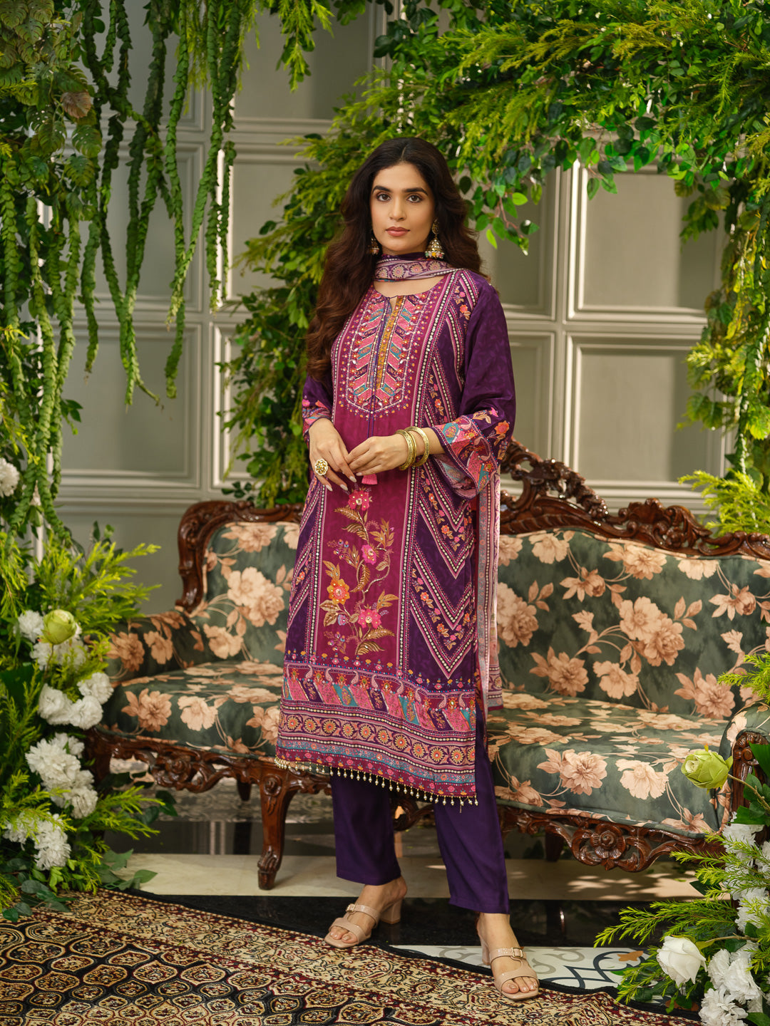 Wine & Purple Digital Print Kurta Set with Heavy Handwork