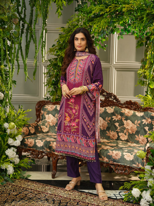 Wine & Purple Digital Print Kurta Set with Heavy Handwork