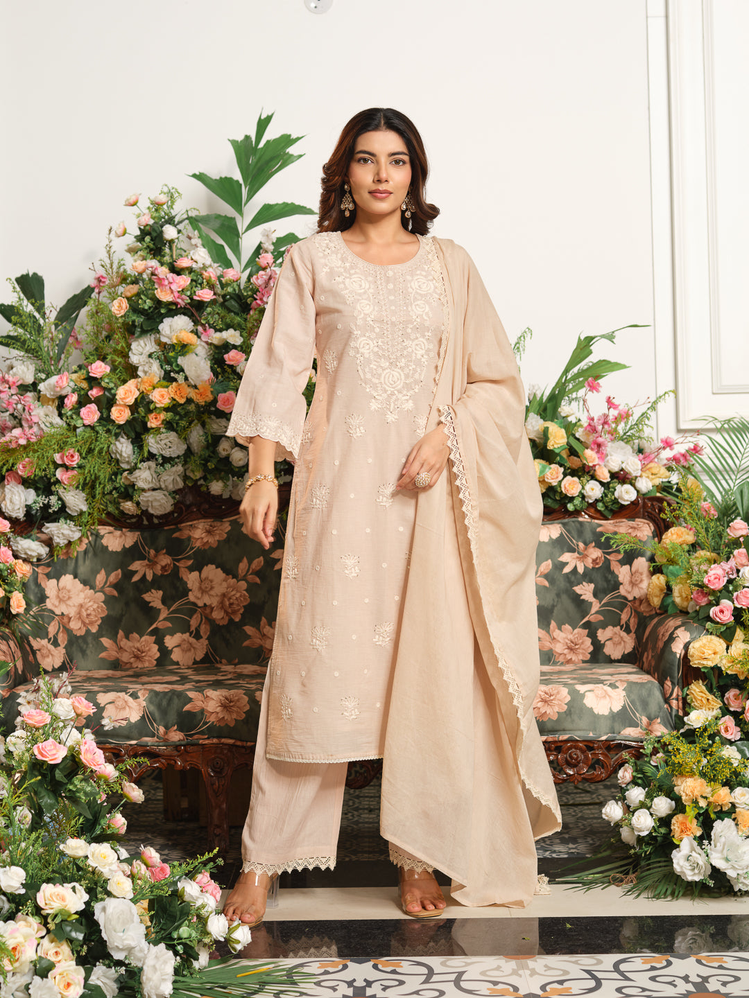 Printed Pure Cotton Kurta Set with Palazzo and Dupatta Straight Fit Long Kurta Calf Length Round Neck Slip On Casual Ethnic Wear