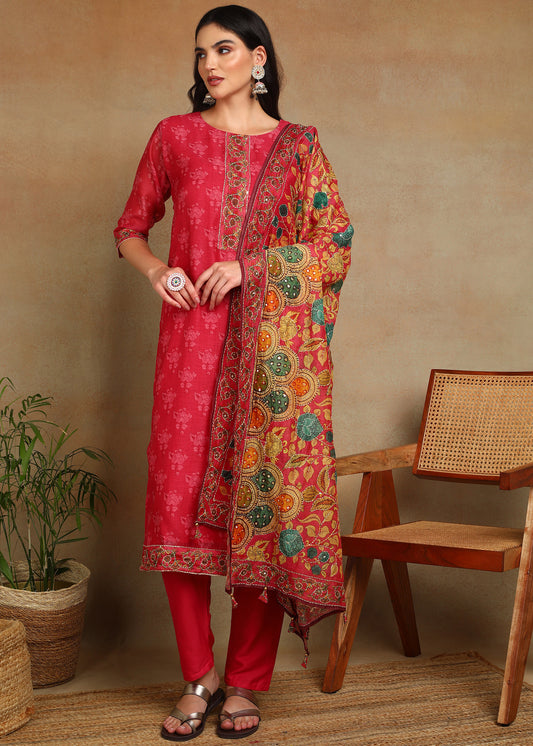 Women's Pink Ethnic Motif Printed Kurta with Kantha & Sequin Work, Paired with Trousers and Dupatta