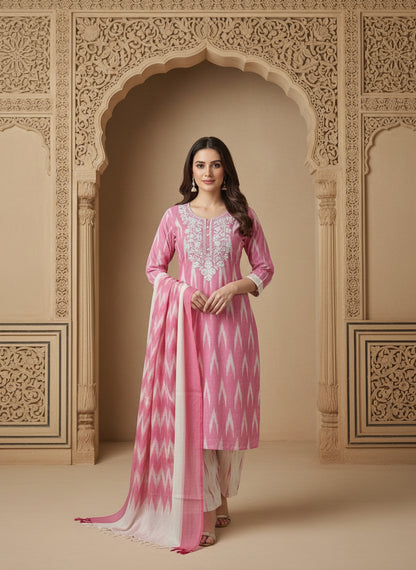 Embroidered Round Neck Straight Kurta & Trousers With Dupatta