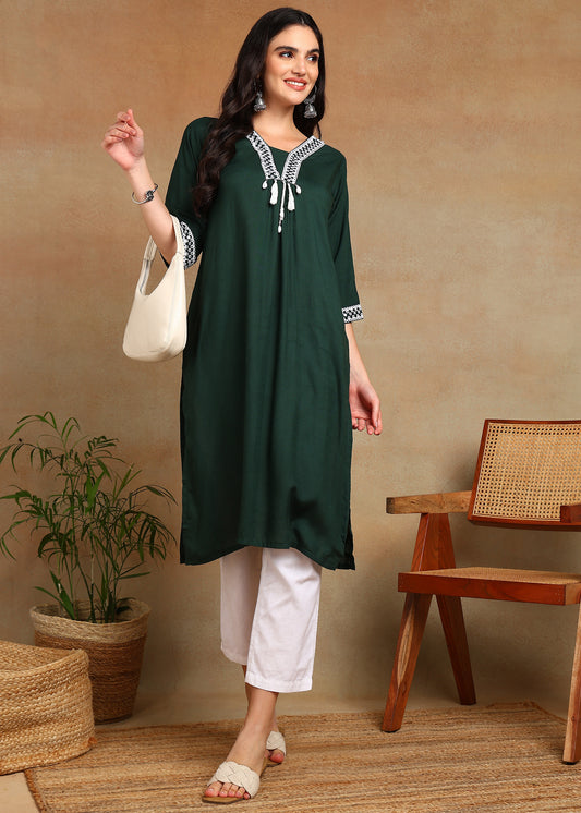 Bottle Green Rayon Slub Kurti with White Embroidered Lace Detailing