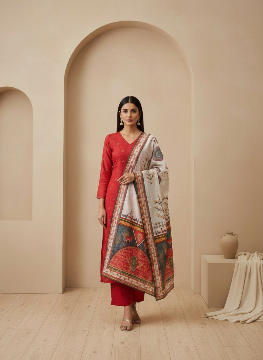 Printed V-Neck Kurta & Trousers With Dupatta