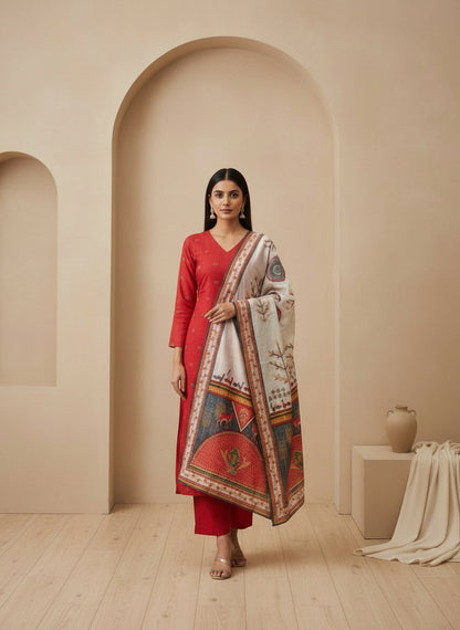Printed V-Neck Kurta & Trousers With Dupatta
