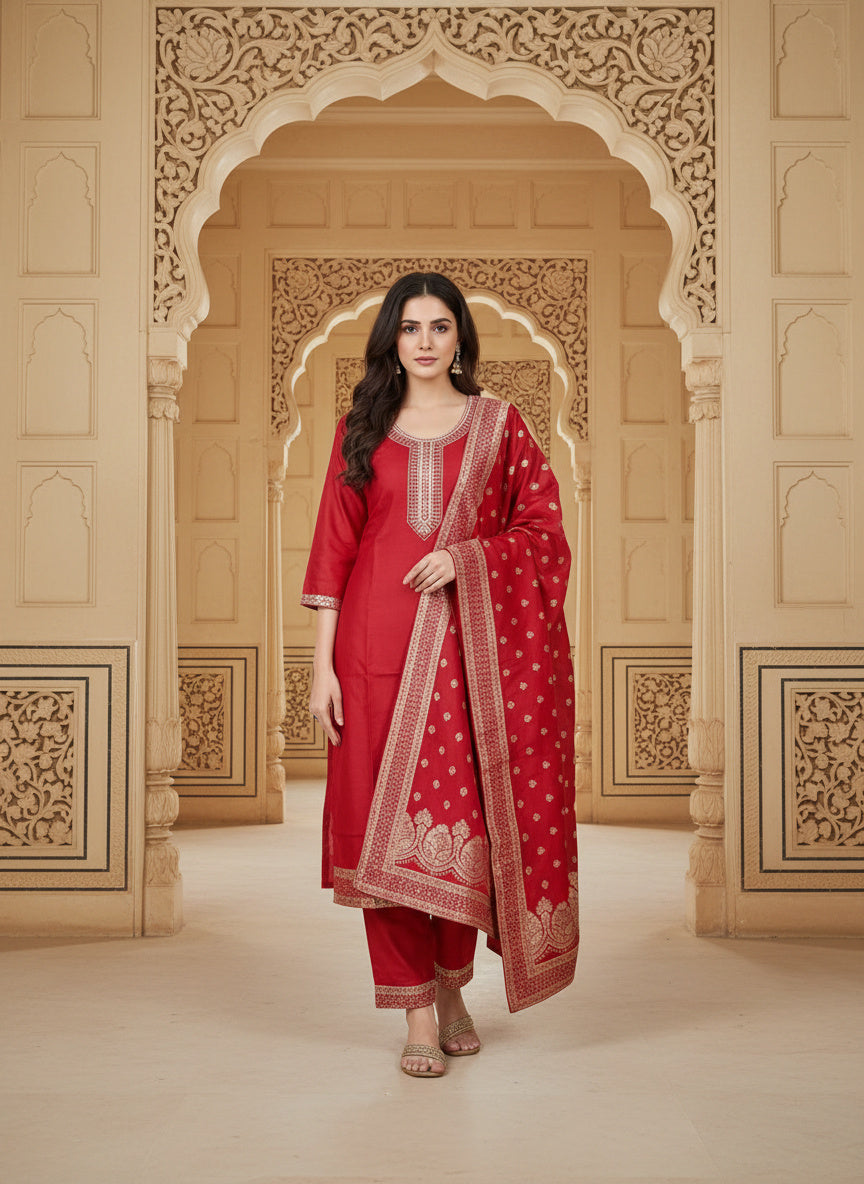 Embroidered Cotton Round Neck Straight Kurta & Trousers With Dupatta
