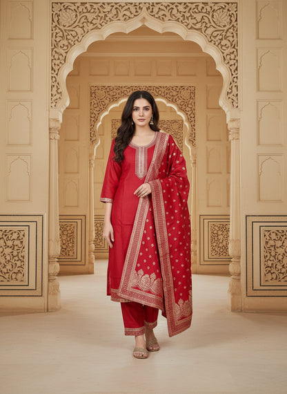 Embroidered Cotton Round Neck Straight Kurta & Trousers With Dupatta