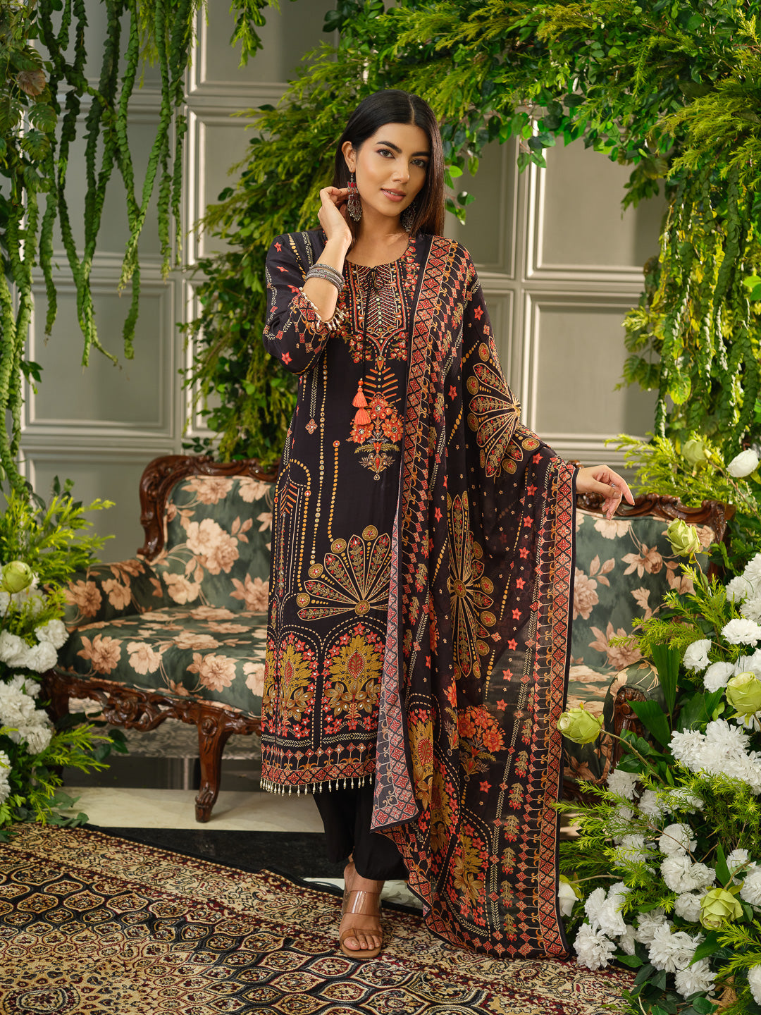 Black Digital Print Kurta Set with Heavy Handwork