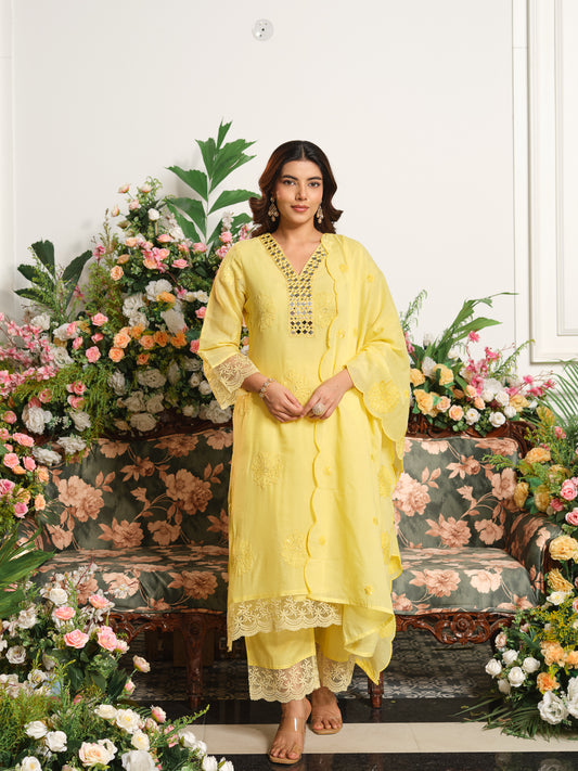 Yellow Embroidered A-Line Mal Chanderi Kurta Set with Dupatta.