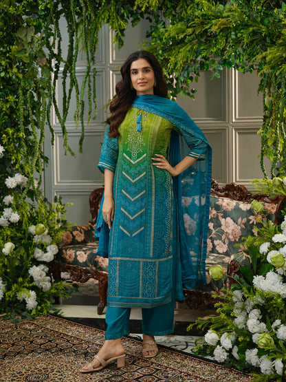 Teal & Green Crepe Silk Printed Kurta Set with Dupatta