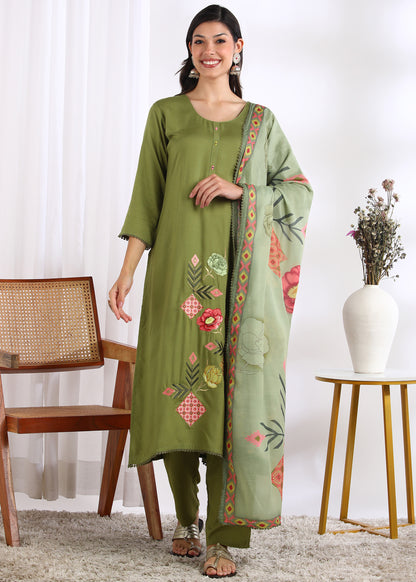Women Pista Green Rayon Embroidered Kurta Set with Mirror Work & Printed Cotton Dupatta