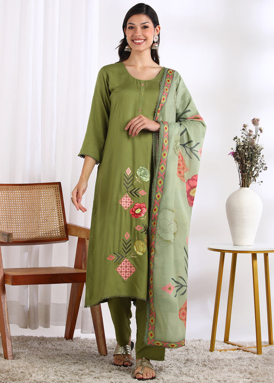 Women Pista Green Rayon Embroidered Kurta Set with Mirror Work & Printed Cotton Dupatta