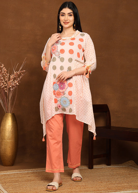 Cotton Printed A-Line C Cut Kurta with Balloon Tie-Up Sleeves & Straight Pants