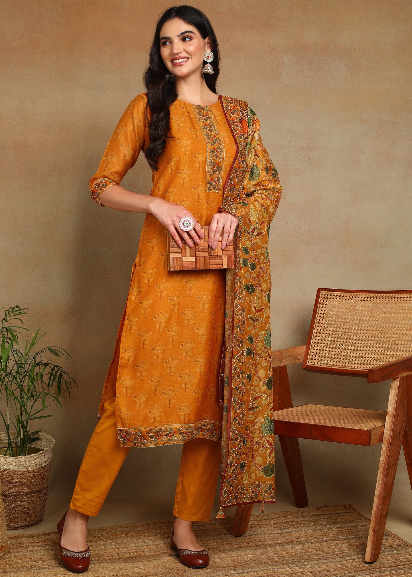 Women's Yellow Ethnic Motif Printed Kurta with Kantha & Sequin Work, Paired with Trousers and Dupatta