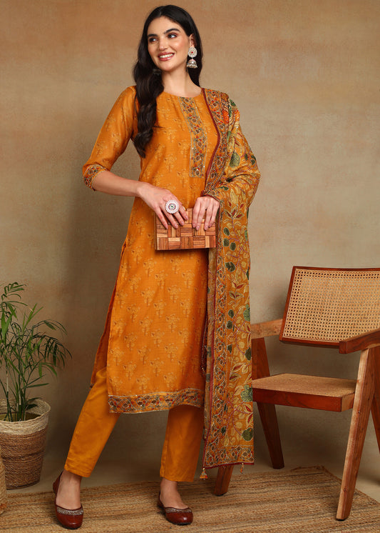 Women's Yellow Ethnic Motif Printed Kurta with Kantha & Sequin Work, Paired with Trousers and Dupatta