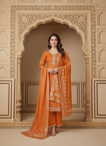 Embroidered Cotton Round Neck Straight Kurta & Trousers With Dupatta