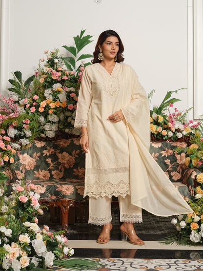 Embroidered Off-White V-Neck Kurta Set with Trousers & Dupatta