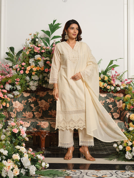 Embroidered Off-White V-Neck Kurta Set with Trousers & Dupatta