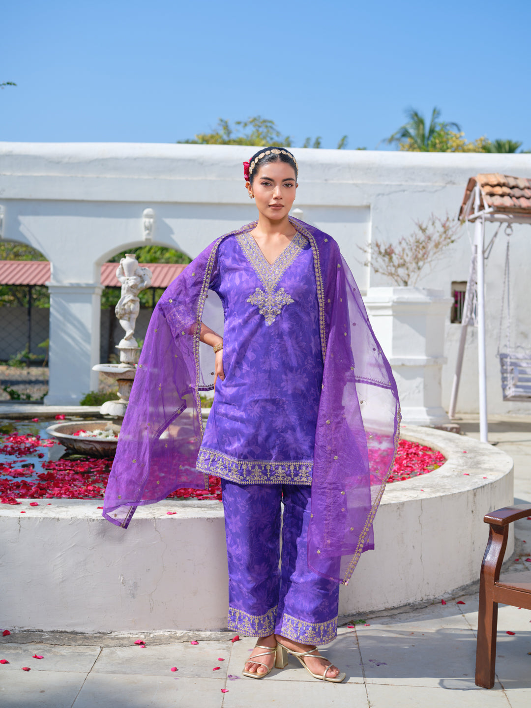 Embroidered V-Neck Kurta & Trousers With Dupatta