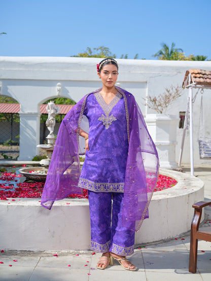 Embroidered V-Neck Kurta & Trousers With Dupatta