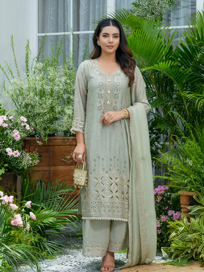 Embroidered Mirror and Cut Work Pakistani Kurta with Trouser and Dupatta Set