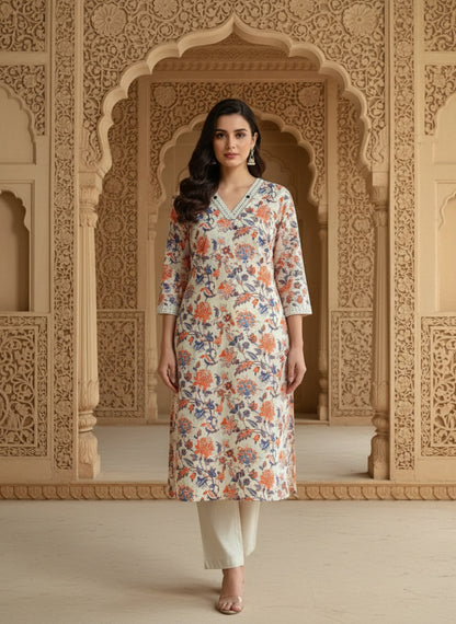 Printed Cotton V-Neck Calf Length Straight Kurta