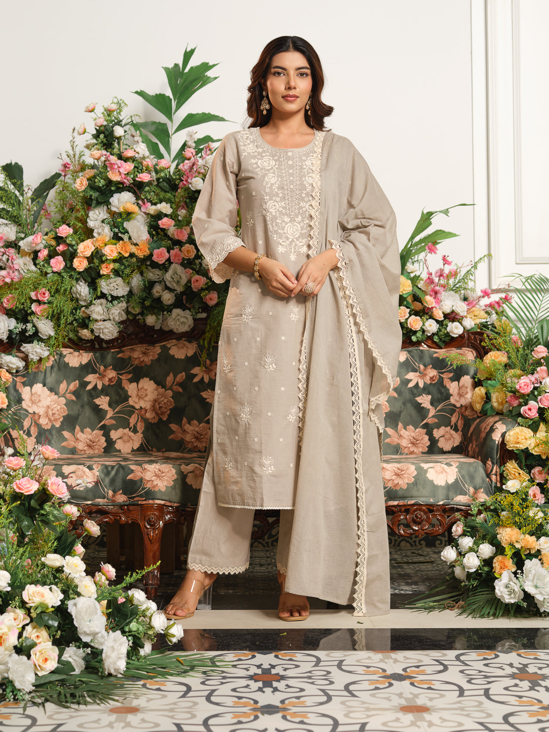 Printed Pure Cotton Kurta Set with Palazzo and Dupatta Straight Fit Long Kurta Calf Length Round Neck Slip On Casual Ethnic Wear