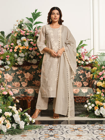 Printed Pure Cotton Kurta Set with Palazzo and Dupatta Straight Fit Long Kurta Calf Length Round Neck Slip On Casual Ethnic Wear