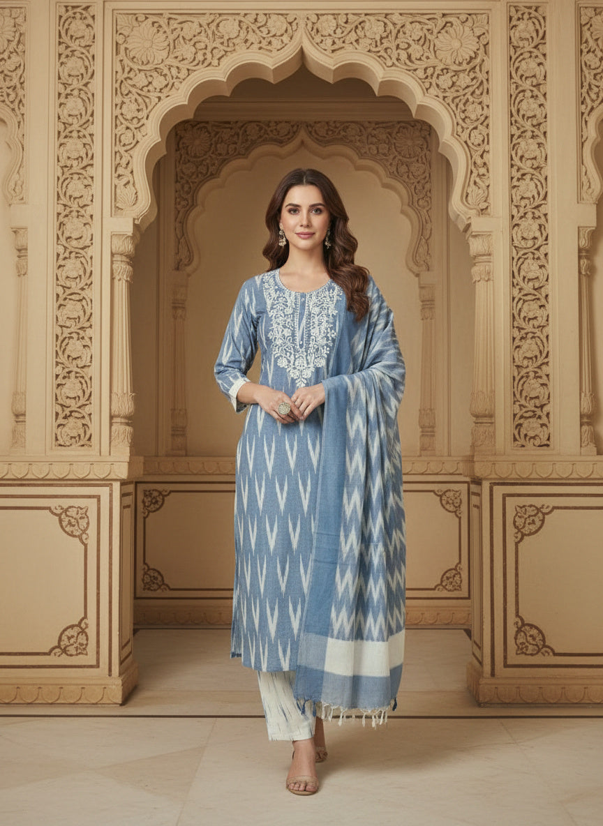Embroidered Round Neck Straight Kurta & Trousers With Dupatta