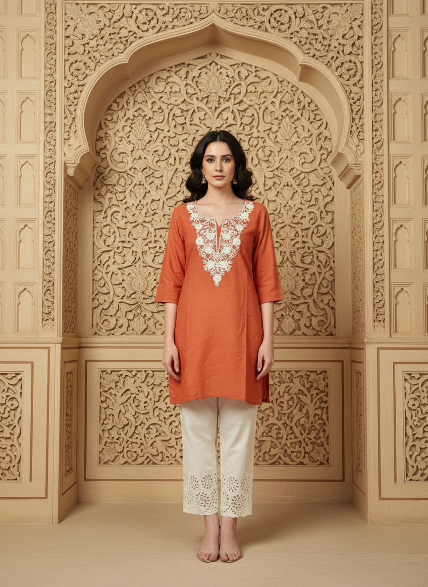 Floral Embroidered Notch Neck Straight Kurtis