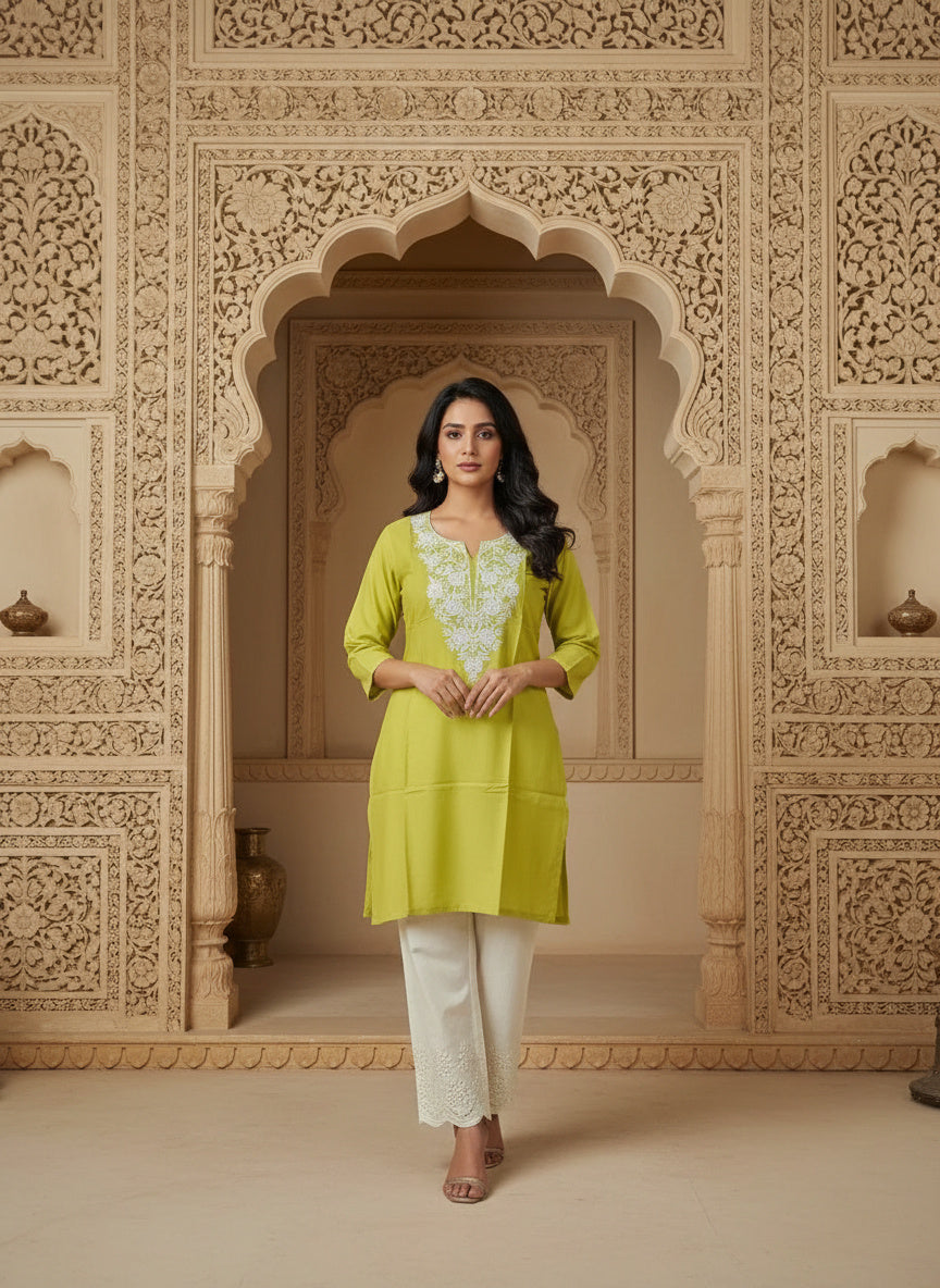 Floral Embroidered Notch Neck Straight Kurtis