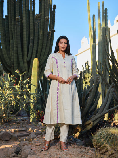 Embroidered Pure Cotton Mandarin Collar A-Line Kurta & Trousers