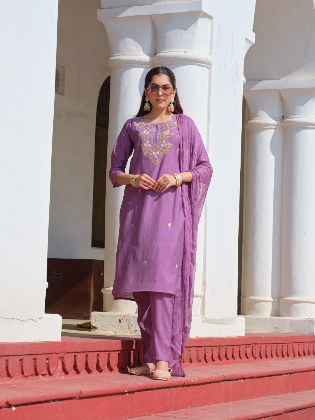Embroidered Round Neck Straight Kurta & Trousers With Dupatta