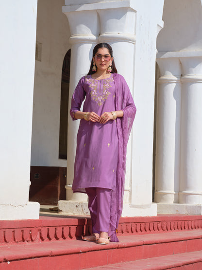 Embroidered Round Neck Straight Kurta & Trousers With Dupatta