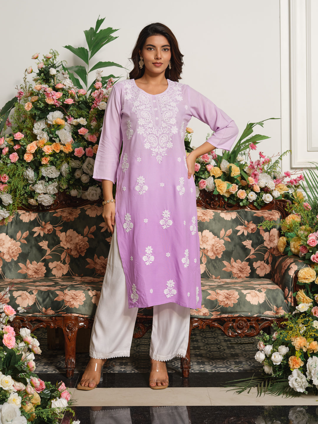 Yoke Design Round Neck Calf Length Straight Kurta
