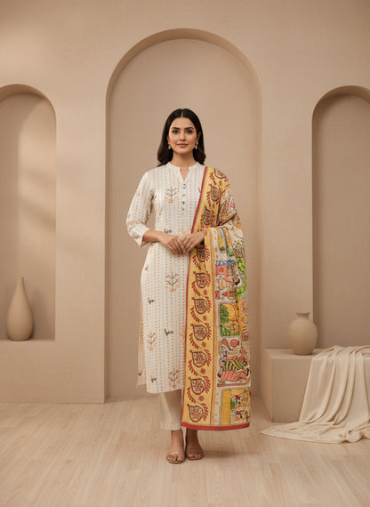 Printed Mandarin Collar Kurta & Trousers With Dupatta