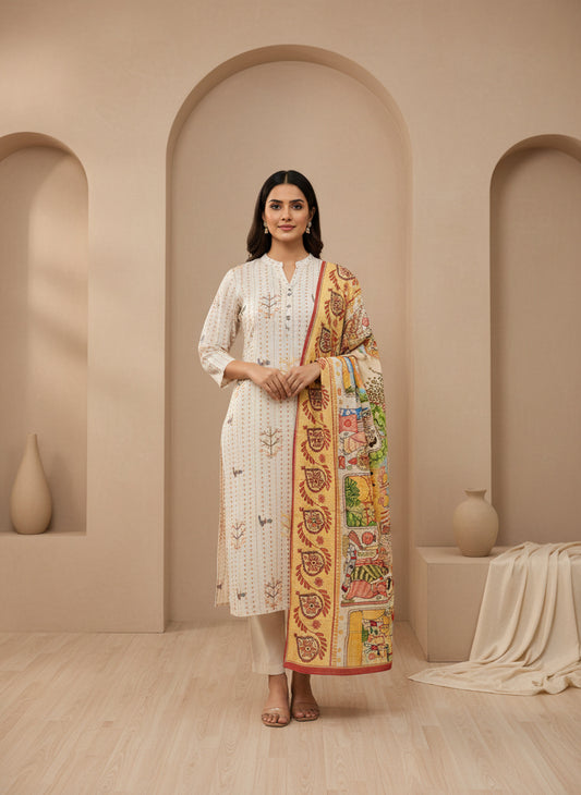 Printed Mandarin Collar Kurta & Trousers With Dupatta