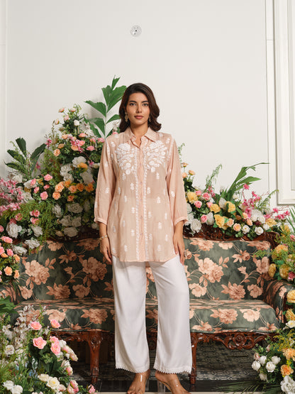 Embroidered Shirt Collar Kurta with Three-Quarter Sleeves