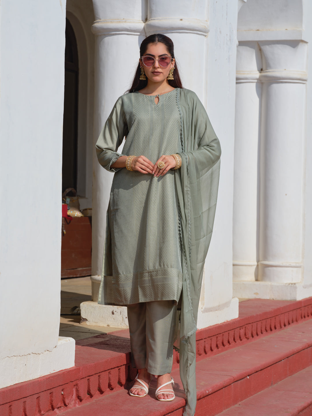 Olive Chinon Crochet Embroidered Kurta with Trousers & Nazneen Dupatta