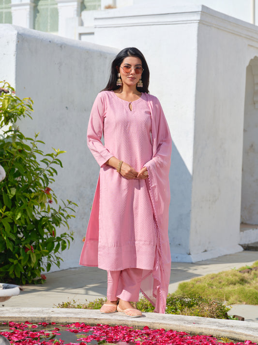 Pink Chinon Crochet Embroidered Kurta with Trousers & Nazeen Dupatta