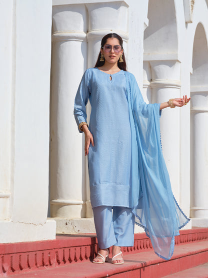 Powder Blue Chinon Crochet Embroidered Kurta with Trousers & Nazeen Dupatta