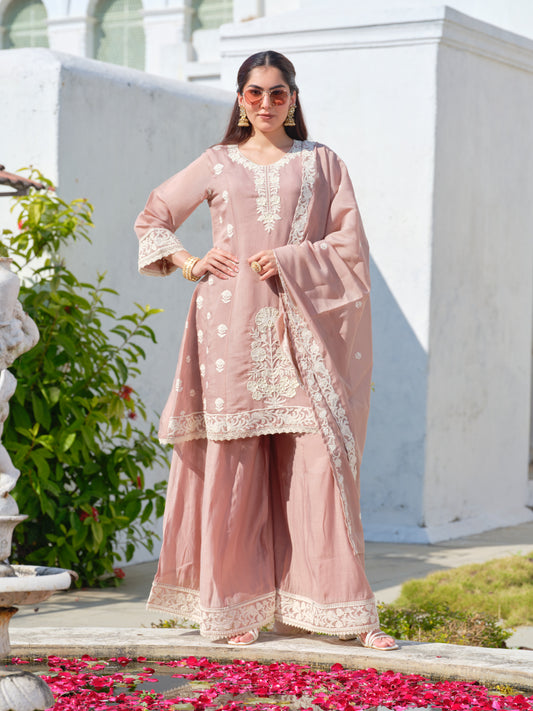 Women Peach Embroidered Mul Chanderi Kurta Sharara Set with Dupatta