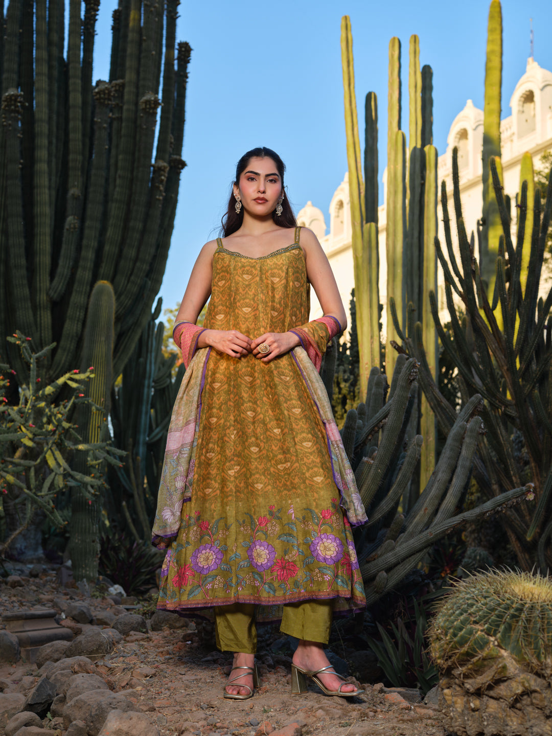 Women Floral Printed Tiered Mirror Work Kurta with Trousers & With Dupatta