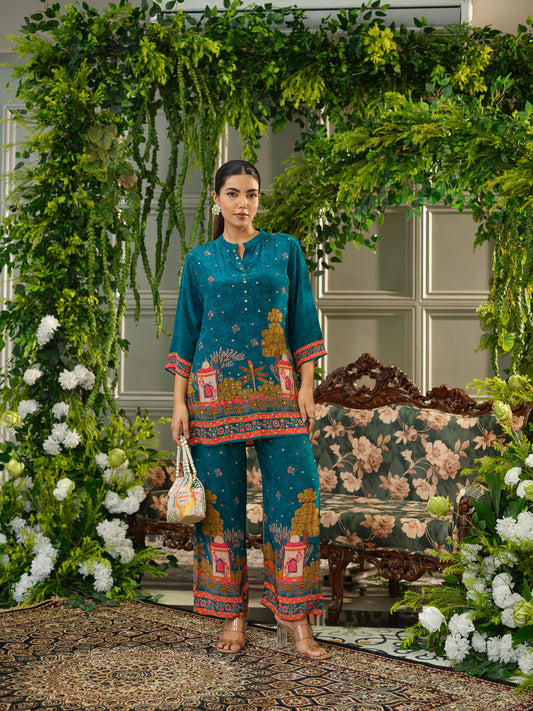 Teal Digital Print Co-ord Set with Heavy Handwork